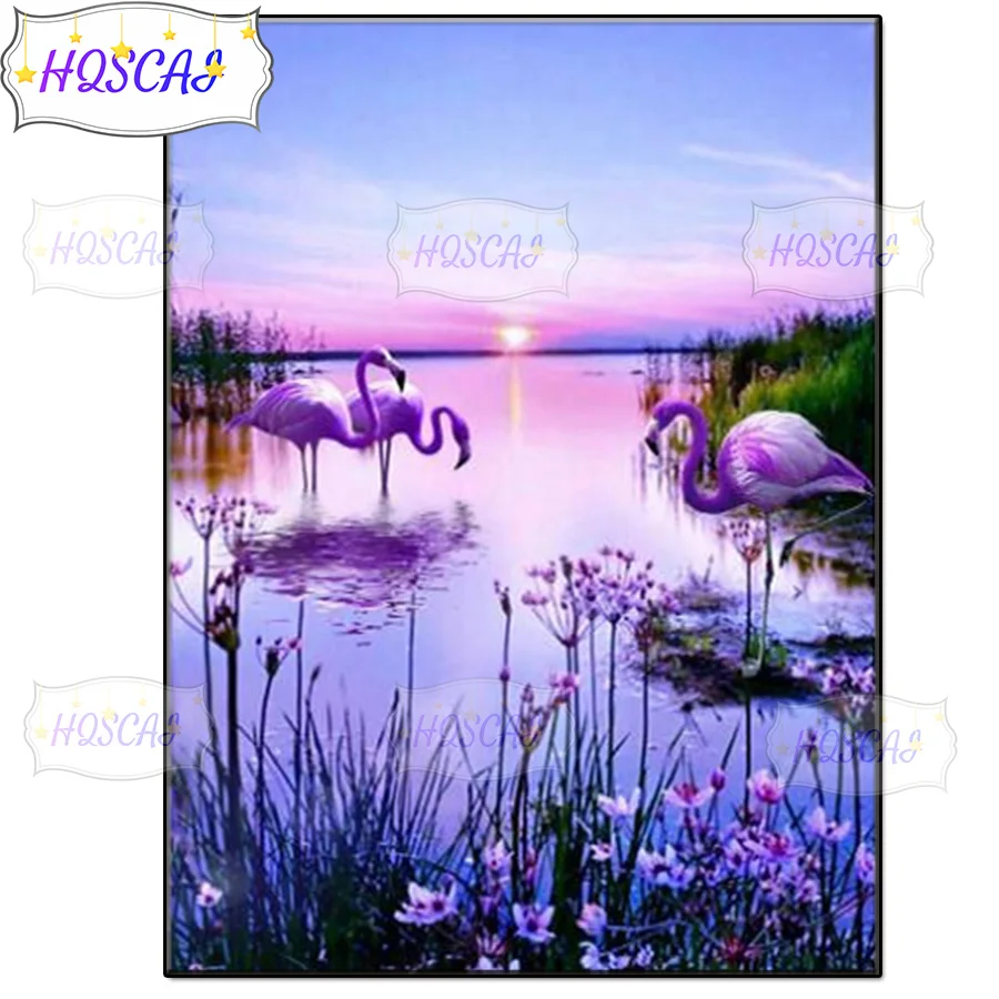 Алмазная 5D картина с фиолетовым фламинго полноформатная круглая вышивка мозаика