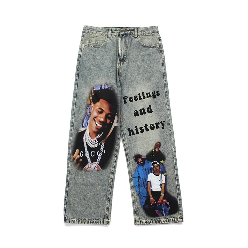 

Singer Character and Letter Print Washed Jeans Mens and Womens Retro Streetwear Oversize Casual Denim Trousers Loose Harajuku