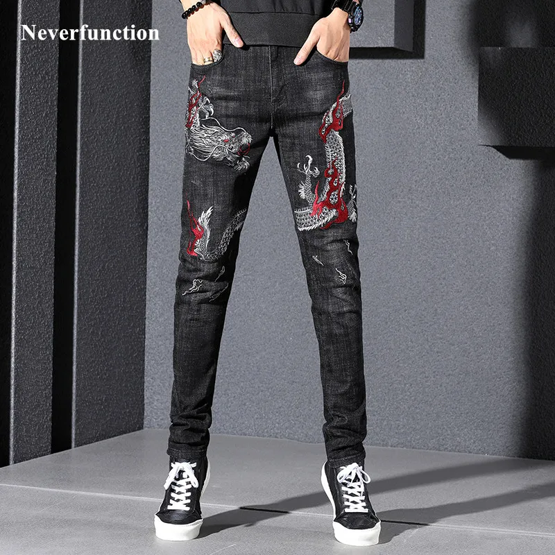 

Men Hip hop Dragon embroidery Slim fit Straight Jeans Streetwear Fashion Mens Cotton Stretch Casual Joggers denim pants