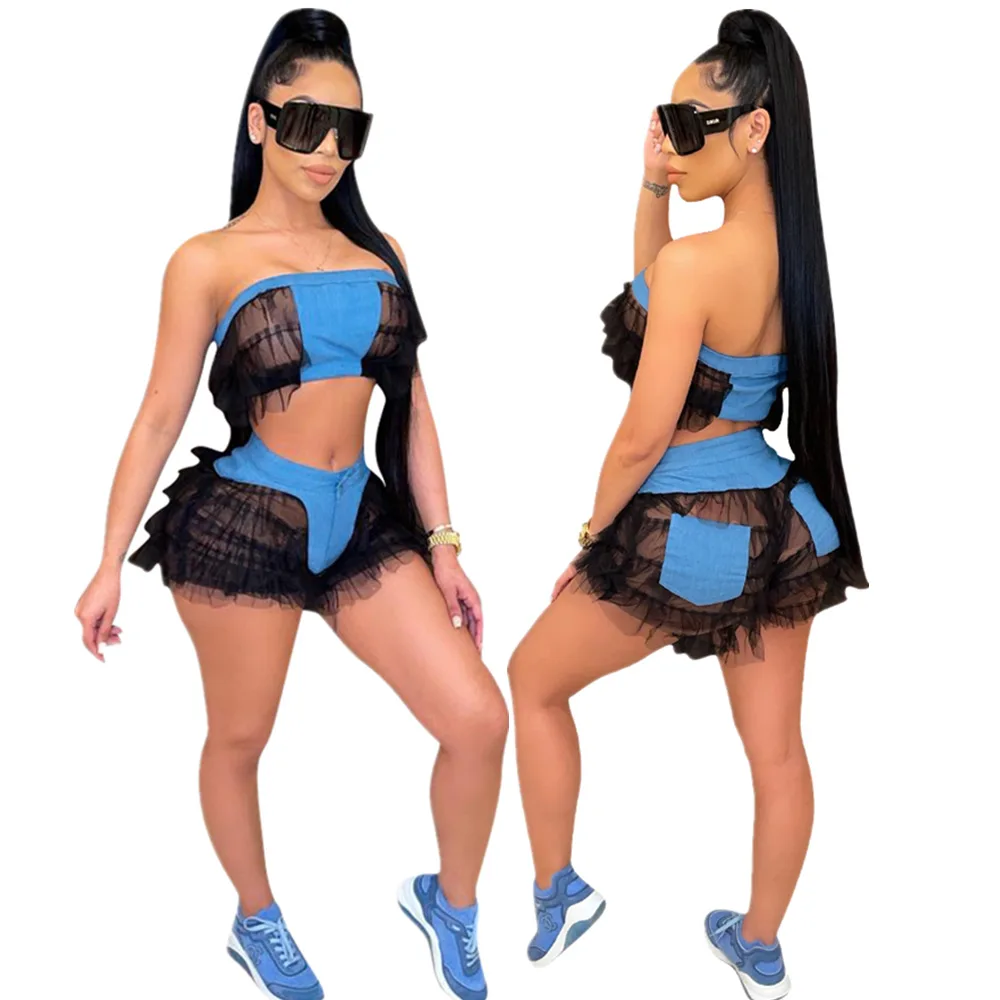 

Adogirl Sheer Mesh Patchwork See Though Women's Set Strapless Crop Tops and Ruffles Shorts Two Piece Set Outfits Tracksuit