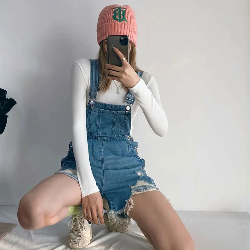 

Women's Clothing Summer Casual Cowboy Jumpsuits 2021 Fashion Solid Pockets Female Rompers Playsuit Chain Decoration Sleeveless