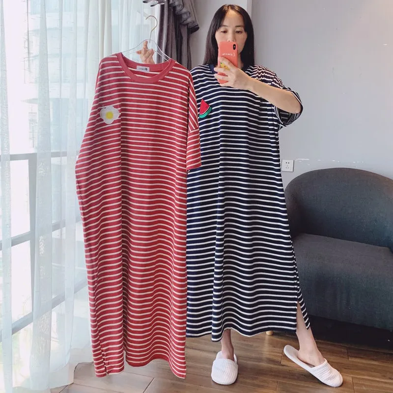 

Plus Size 5XL Women Short Sleeve Homewear Nightdress Cotton Striped Nightwear Home Dressing Gown Summer New Long Nightgown