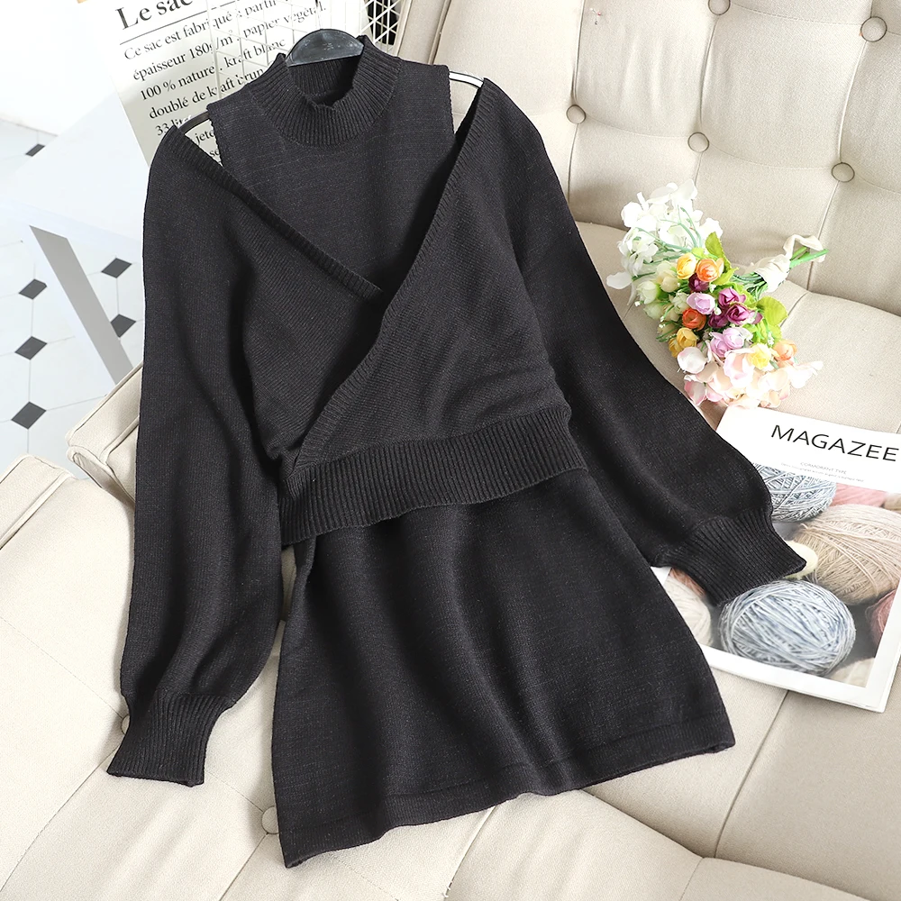 

Early Spring French Retro Playful Suit Small Fragrant Knitted Knitted Off-shoulder Sweater Dress Two-piece Package Hip