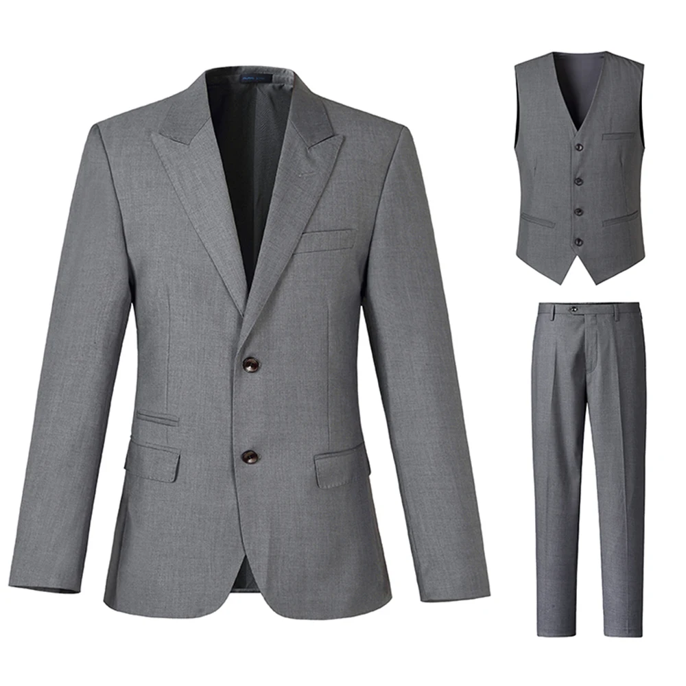 Mens Tailor Suit for Business Wear Grey Serge Fabric Quality for Autumn Winter Jacket Pant Vest 3 Pieces Set