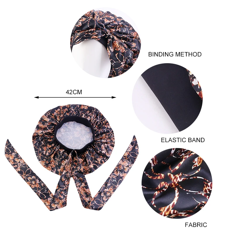 

New Extra Large Hair Cap For Sleeping African Satin Chemo Bonnet Elastic Printed Night Turban Artificial Round Silk Hat
