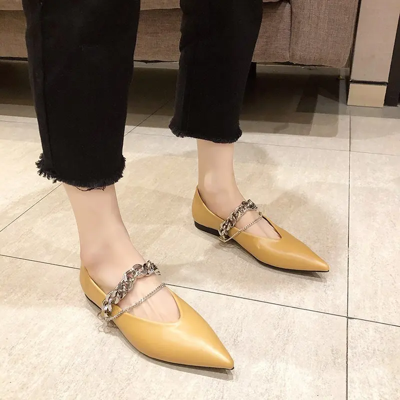 

2021 New Fashion Spring Autumn Metal Chain Pointed Toe Flats Leather Shoe Women Slip-on Loafers Casual Shoes Zapatillas Mujer