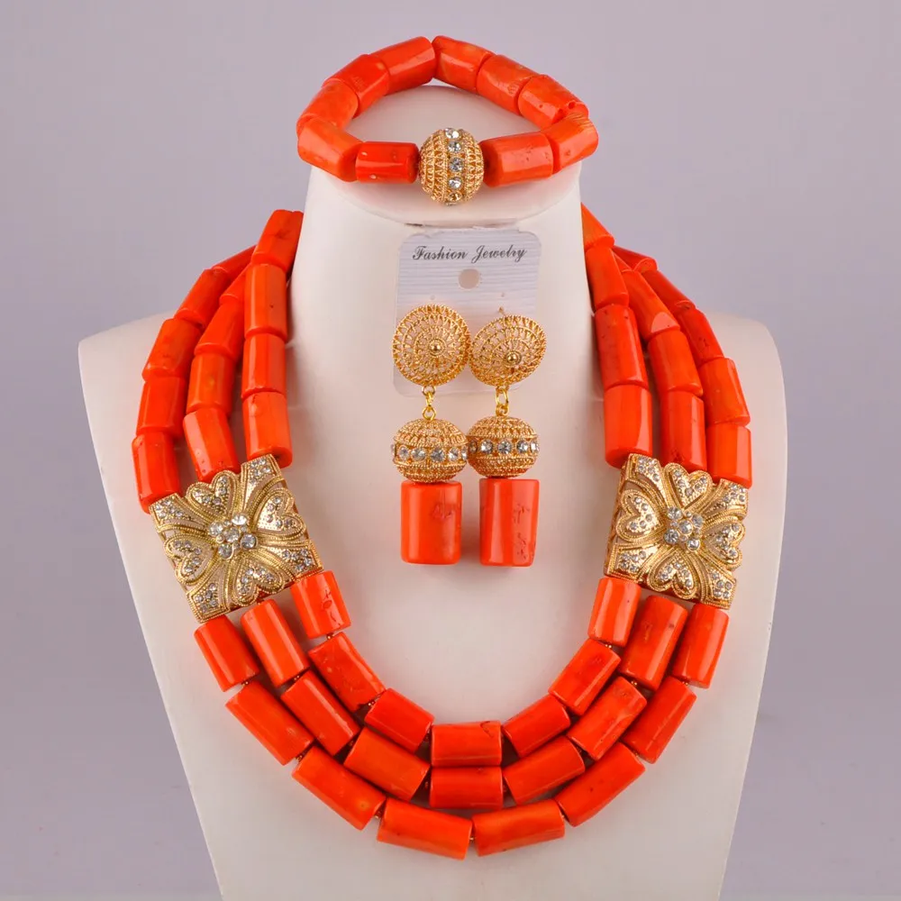 

good-looking nigerian orange coral beads jewelry set costume necklace african wedding coral set C21-21-02