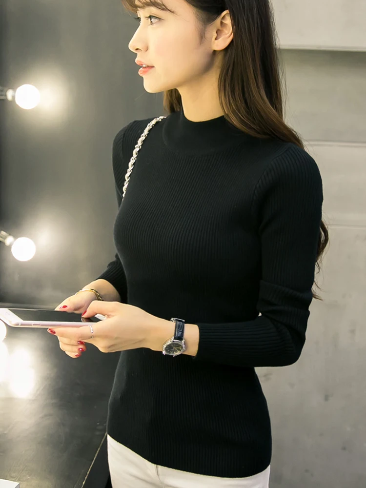 

2020 Semi-high collar white sweater for ladies with long sleeves and short autumn and winter jackets