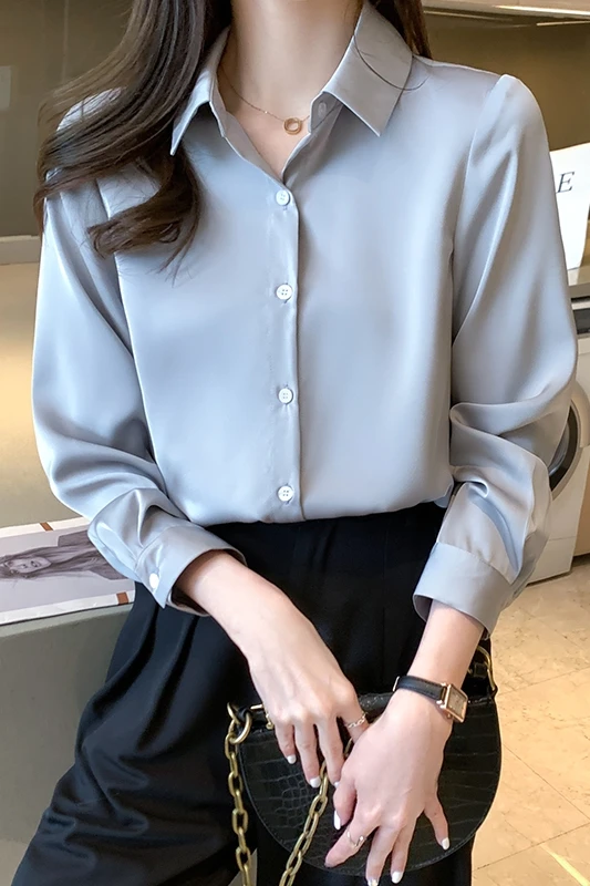 

Houthion Satin Slim Women's Blouses Fashion Long Sleeve Top Solid Turn-down Collar Shirt Spring/autumn New Casual Blouse