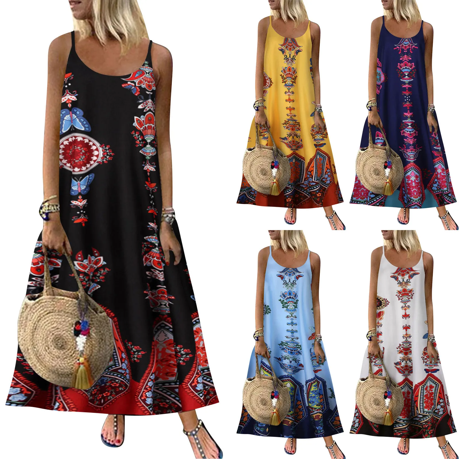 

Plus Size Pregnancy Floral Print Casual Women's Dresses Sleeveless Vintage Bohemian Sling Maxi Dress Summer Clothes For Women