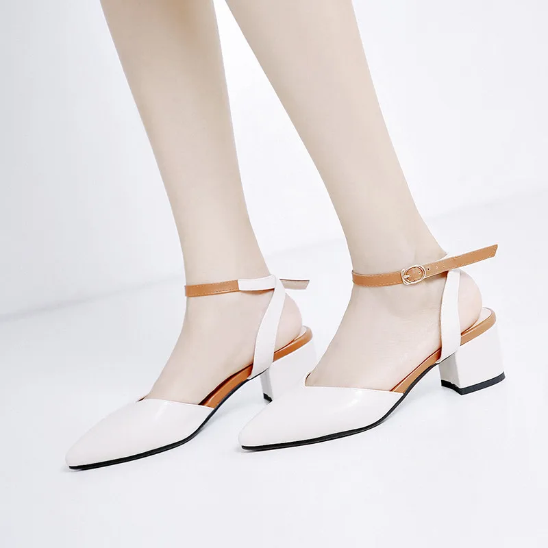 

MoonMeek Women pumps 2020 summer shallow ladies shoes thick heels pointed toe buckle comfortable single shoes black white