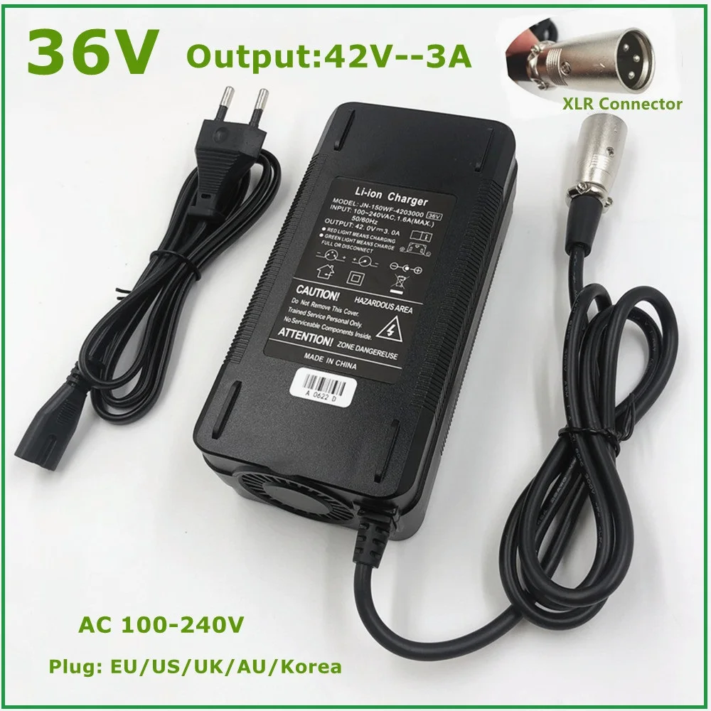 Ventilador de Refrigeração Carregador de Bateria de Lítio para 36v Bateria com 3 Saída Bicicleta Elétrica Li-ion Pinos Xlr Soquete – Conector 36v 42v 3a