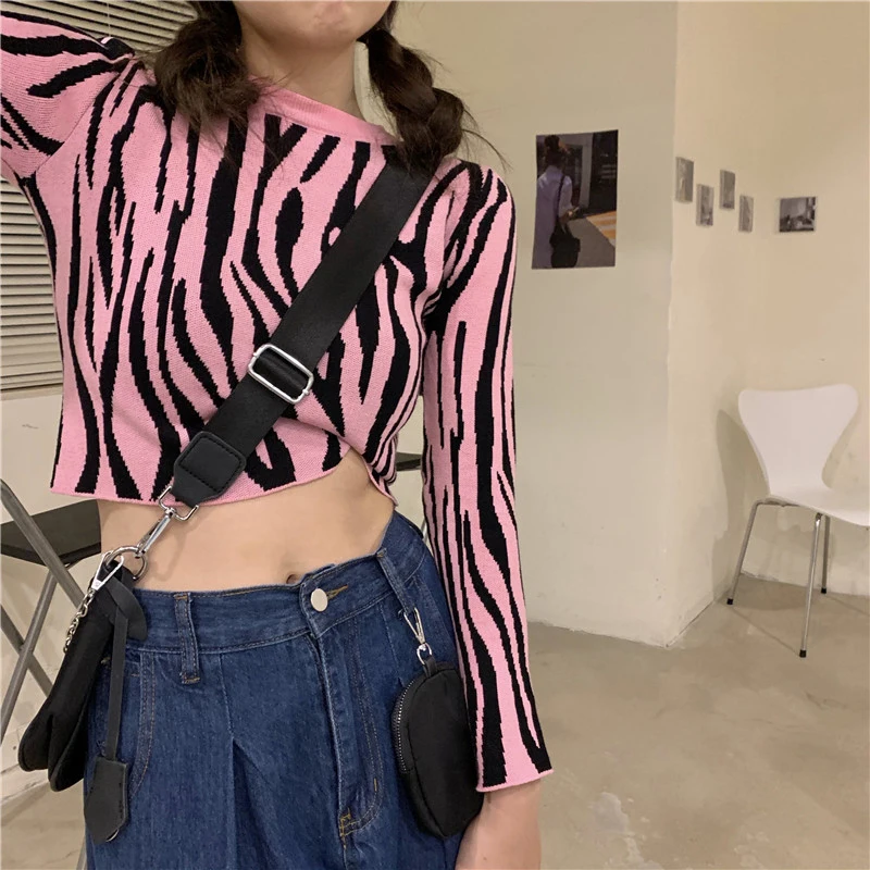 

Ins Hipster Zebra Pattern Slim Sweaters for Women Knitted O-neck Pullovers Long Sleeve Autumn Style Streetwear Chic Fashion New
