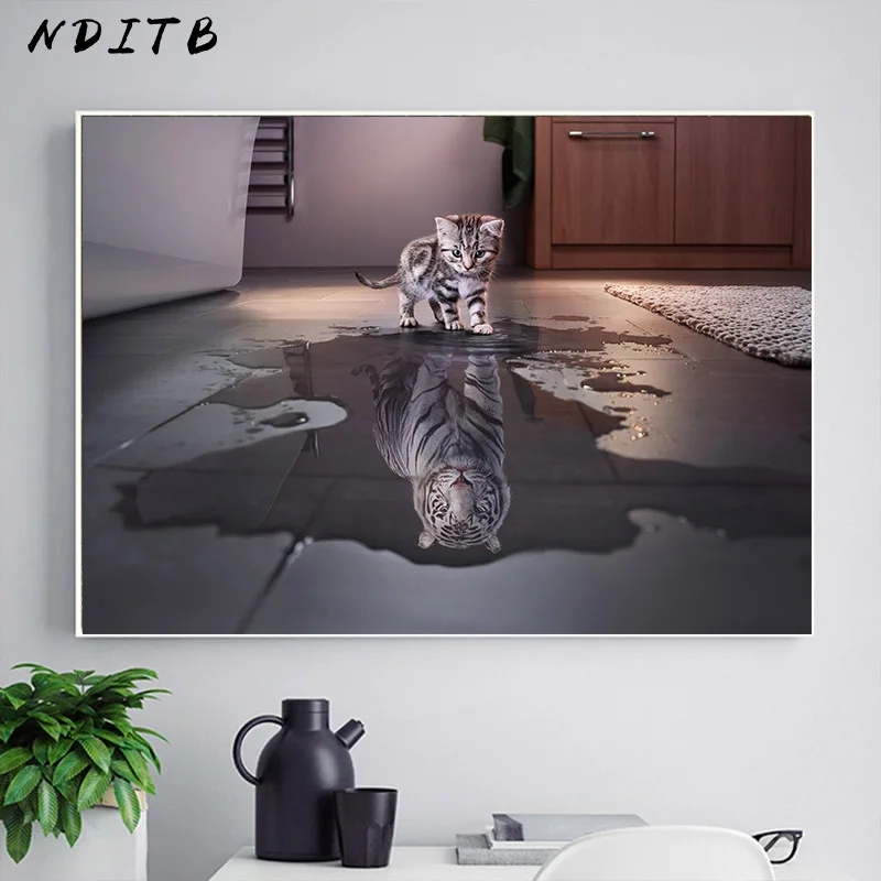 Кошка тигр отражение животные Забавный постер Простой Холст художественный