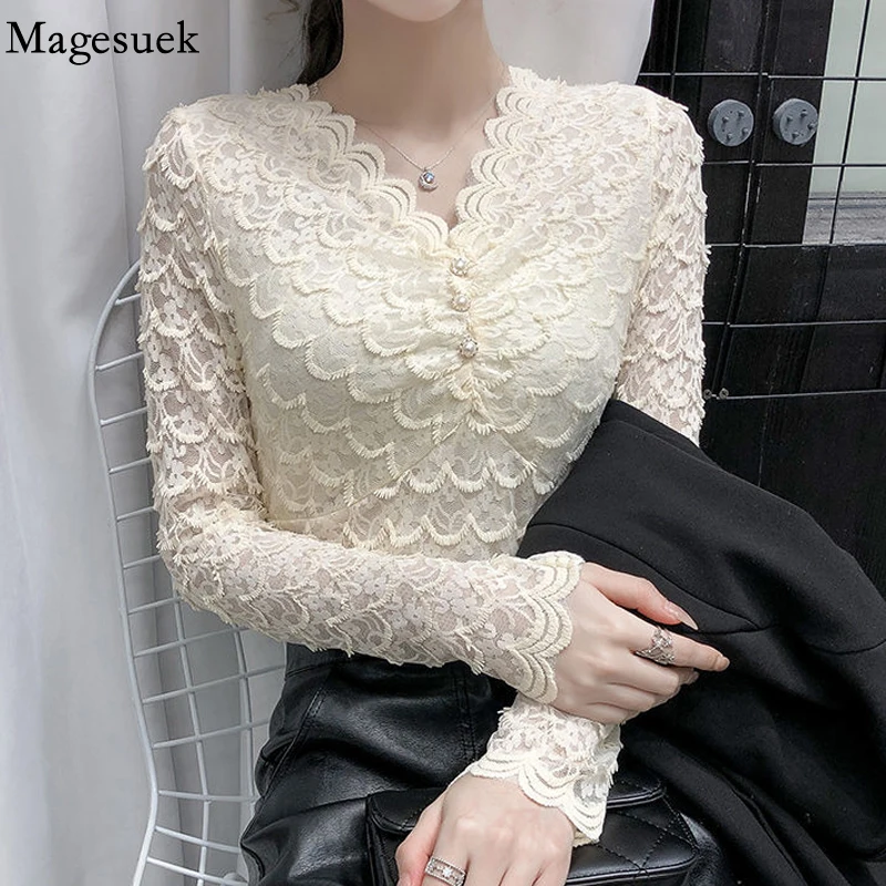 

V-neck T-shirt Lace Bottoming Blouse Women Autumn Long Sleeve Slim Elegant Tops Korean Fashion Solid Casual Ladies Shirt 17386