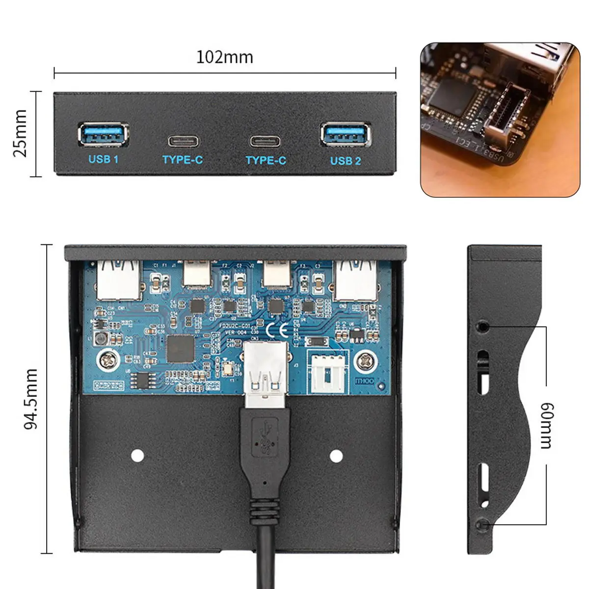 

CY USB 3.1 Front Panel Header to USB-C & USB 3.0 HUB 4 Ports Front Panel Motherboard Cable for 3.5" Floppy Bay