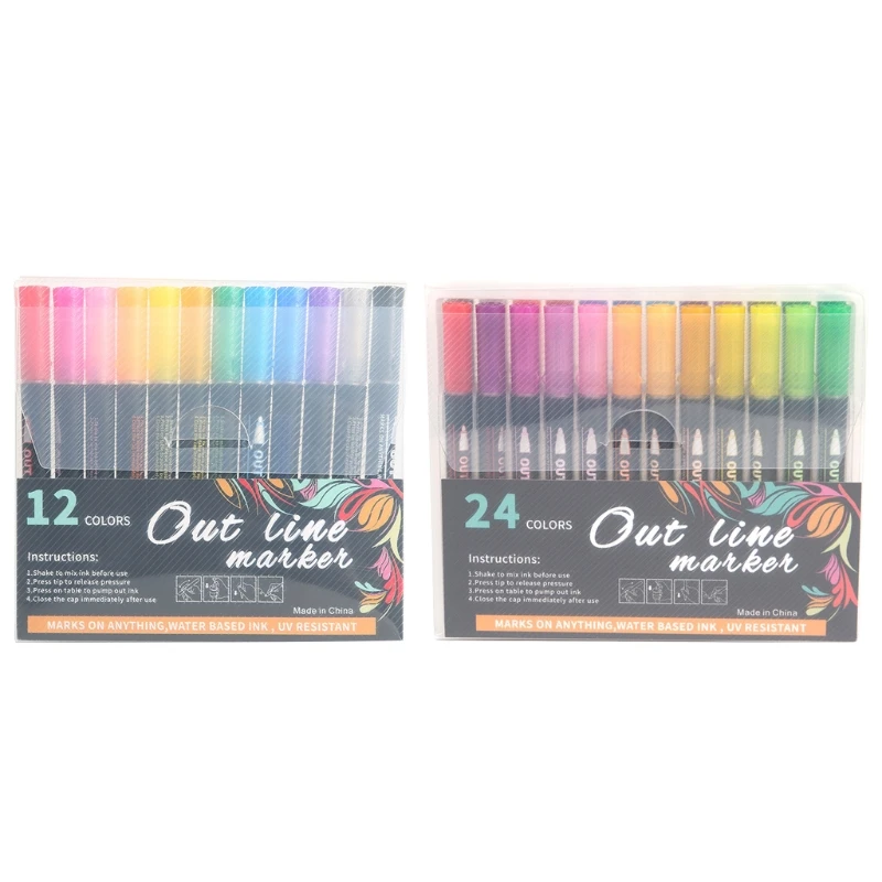 

24 Colors Double Outline Pen Glitter Outline Pens Premium 12 Colors Metallic Markers Pen Set for Planner Scrapbooking