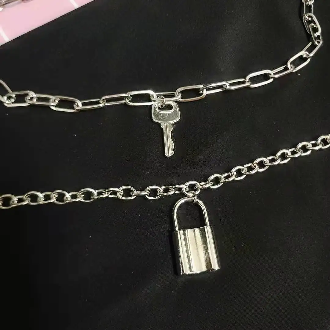 

European and American cross border jewelry personality double lock necklace women alloy chain punk hip hop Necklace sweater chai