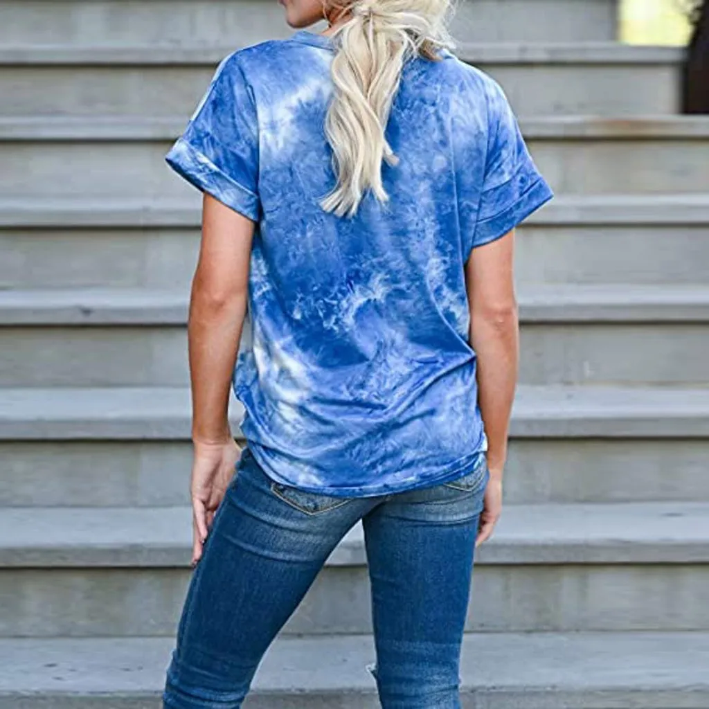 2020 Tie-dye Shirt Women Summer Short Sleeve V-neck T-shirt Casual Tops Tees Verano Mujer Woman Clothing Feminina Camiseta | Женская