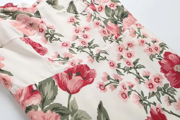 

Vintage French Summer Flower Print Adjust Bow Spaghetti Strap Long Dress Retro Women Wood ear V neck Ruched Back Sling Dresses