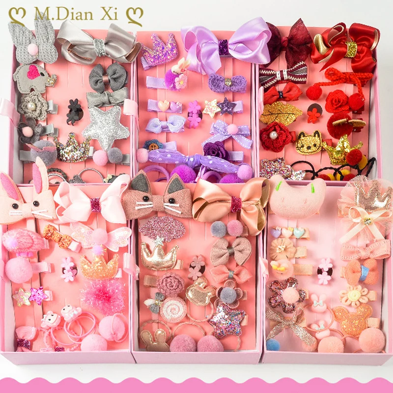 Детский разноцветный бант с милым кольцом в подарочной коробке набор из 18 шт.