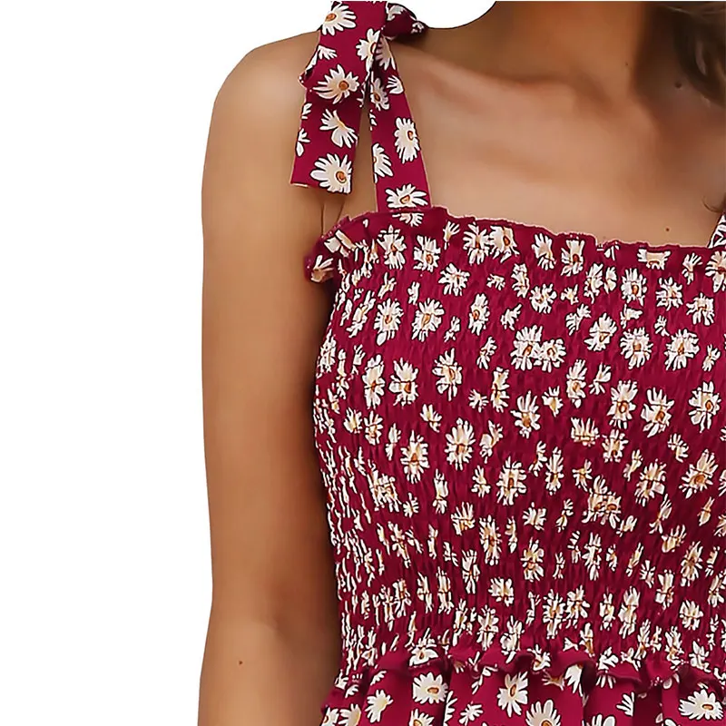 

Summer dress Women's Sling Floral Boho Beach Dress Red Romantic Floral Print Ruffled Sling Dress Sexy Sleeveless Party Dresses