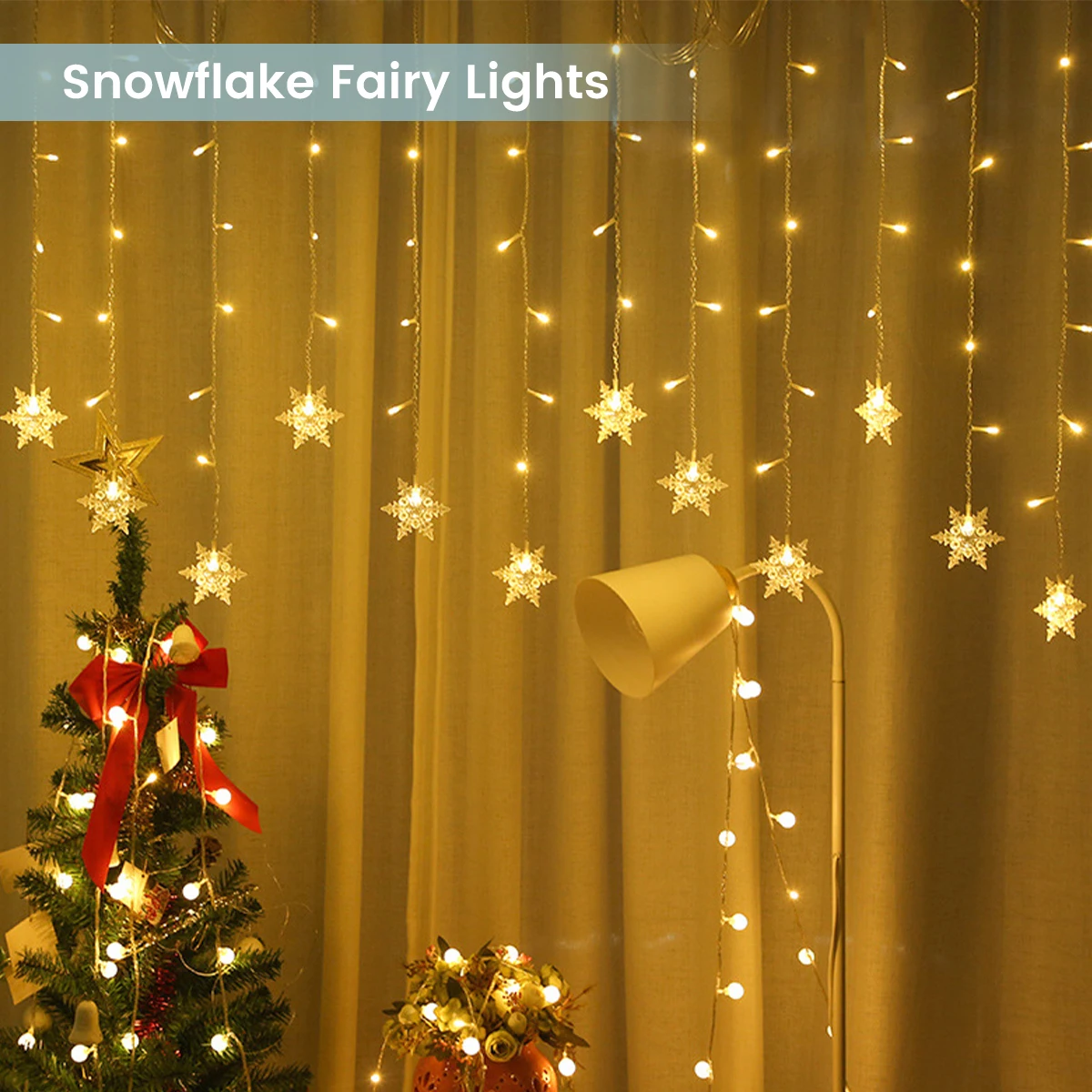 

LED Snowflake Fairy Lights Warm White Curtain Lights with 8 Lighting Modes IP44 Waterproof EU/US/UK Plug in Snowflake String