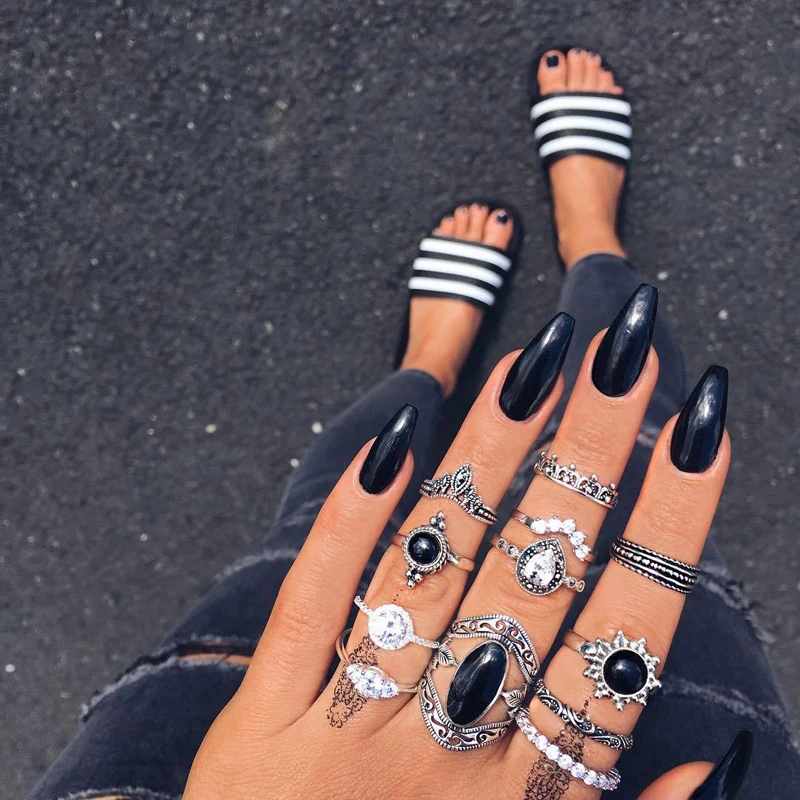 

12 Pcs/Set Bohemian Rings For Women With Black Color Rhinestones Shinning Boho Style Hand Wear Jewelry JZ0203