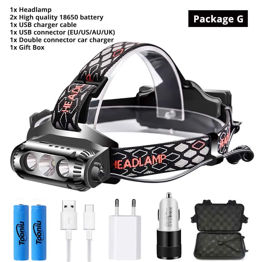 Package G Супер яркий светодиодный налобный фонарь USB зарядка галобный фонарь COB мультиисточник света 8 режим света с хвост, предупреждение света с помощью аккумулятора 18650 - Испускаемый цвет: Package G