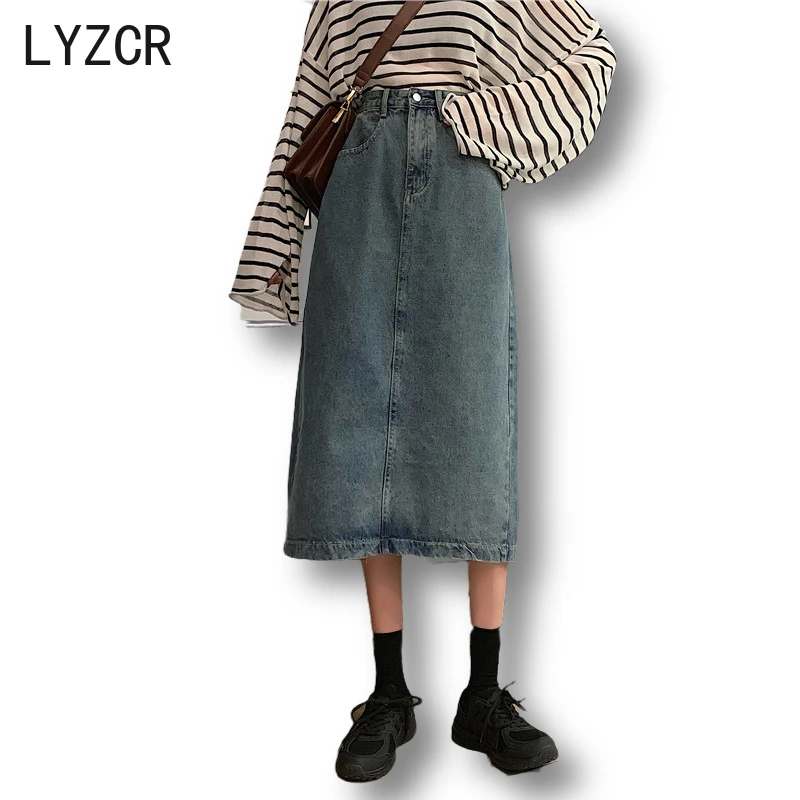 Женская джинсовая юбка LYZCR черная длинная винтажная средней длины с высокой