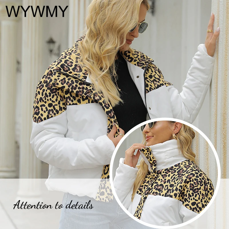 WYWMY Leopard Printed Patchwork Winter Jacket Women Coat Casual Long Sleeve Lightweight Cotton Padded Coat Female Slim Jackets