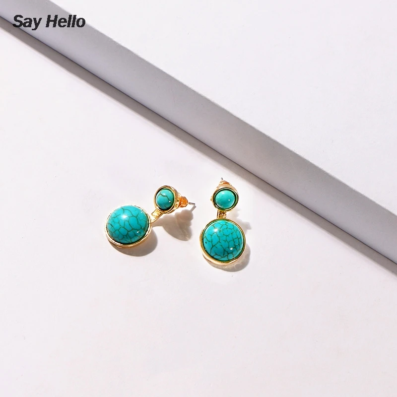 SAY HELLO Boho Green Turquoises Round Stud Earrings for Women Female Metal Stone Geometric Dangle Drop Brinco E40210 | Украшения и