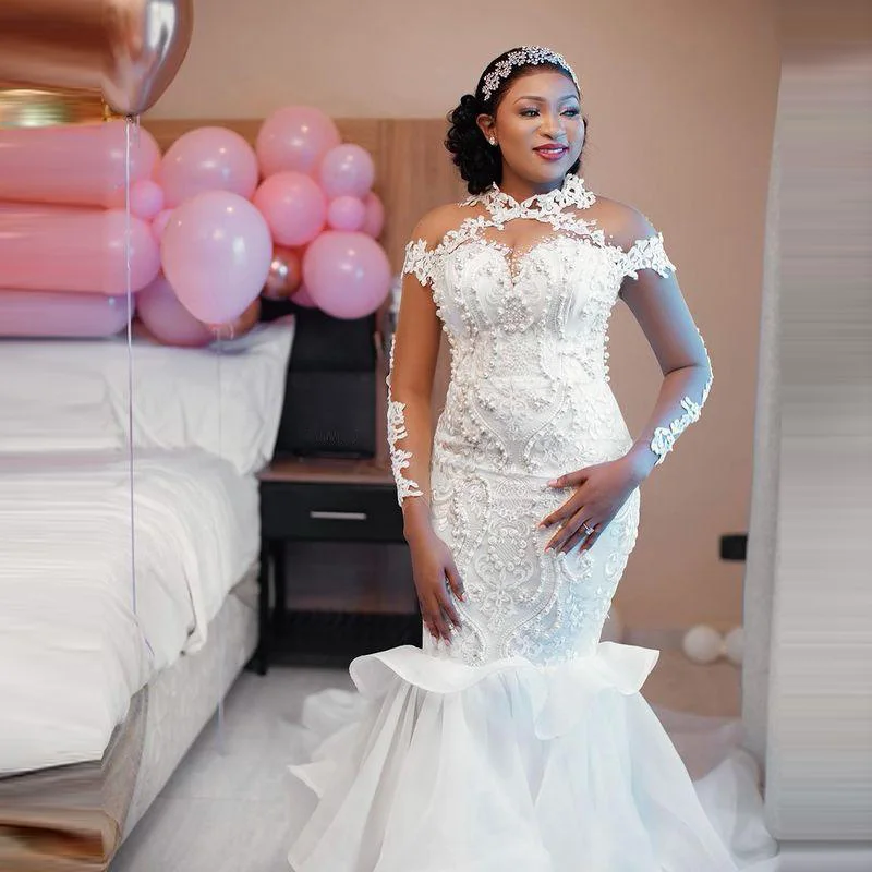 

Aso Ebi Major Pearls Mermaid Wedding Dresses With Sheer Neck Illusion Long Sleeves Dubai Arabic Bridal Gowns Dress Plus Size