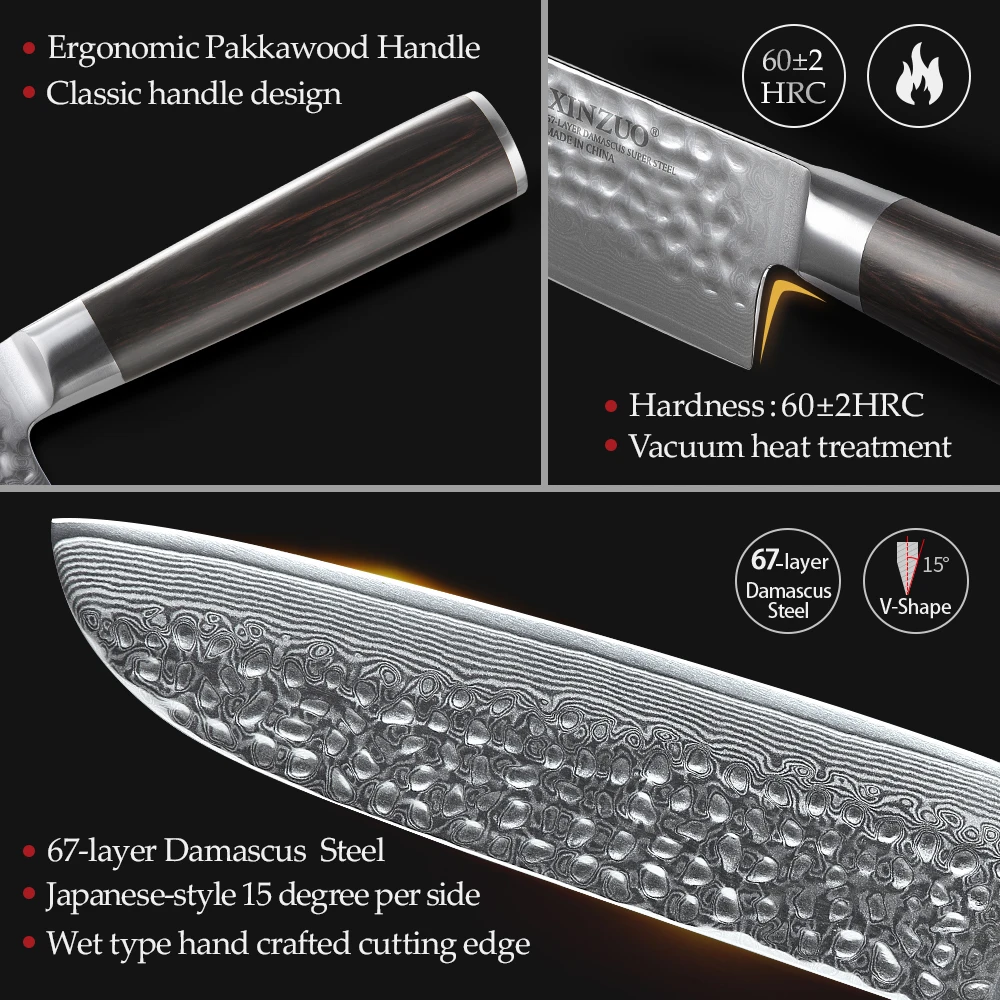 Фото Бренд XINZUO, 7-дюймовый нож Santoku VG10, дамасская сталь, 62 HRC, 67 слоев, кухонный нож, ручка из Pakkawood, новейшие японские ножи шеф-повара №5