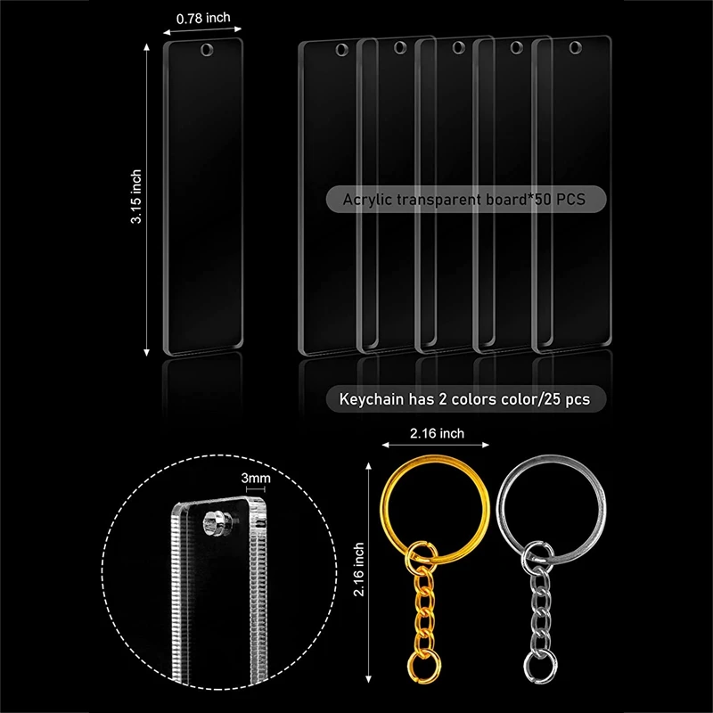 150Pcs Acrylic Keychain Blank with Rings for Vinyl, Clear Key Chains Rectangle Acrylic Blanks for DIY Crafts and Project