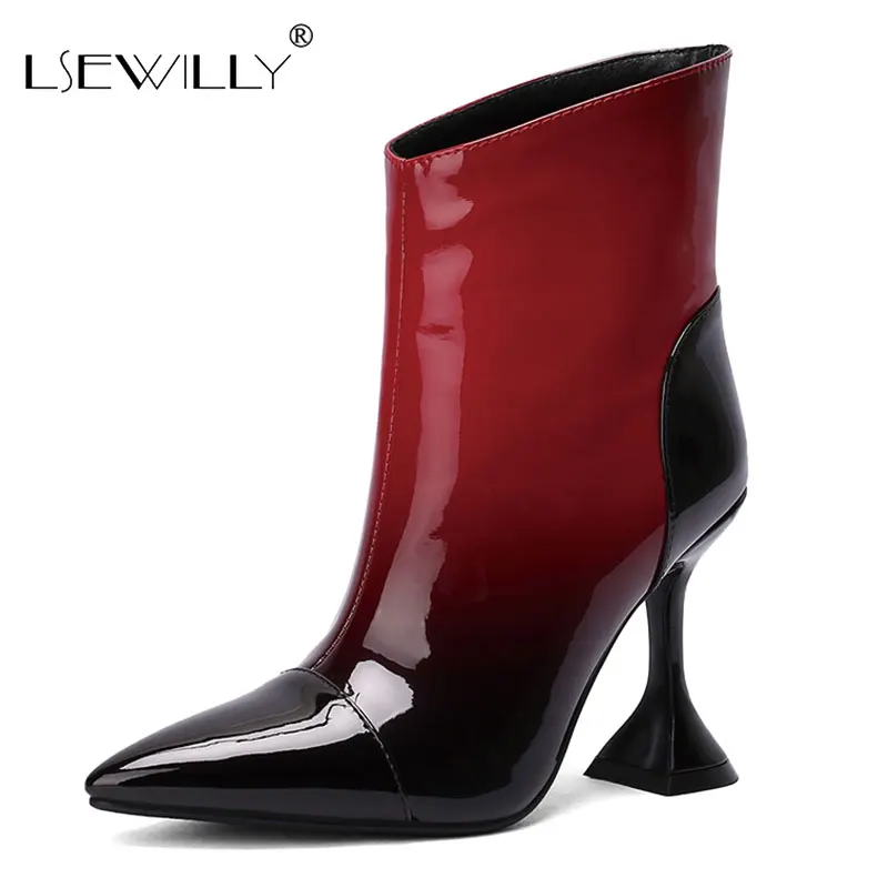 

Lsewilly Leopard Women Ankle Boots Patent PU Leather Strange Style Ladies Short Boots Mixed Color Pointed Toe Women's Boots