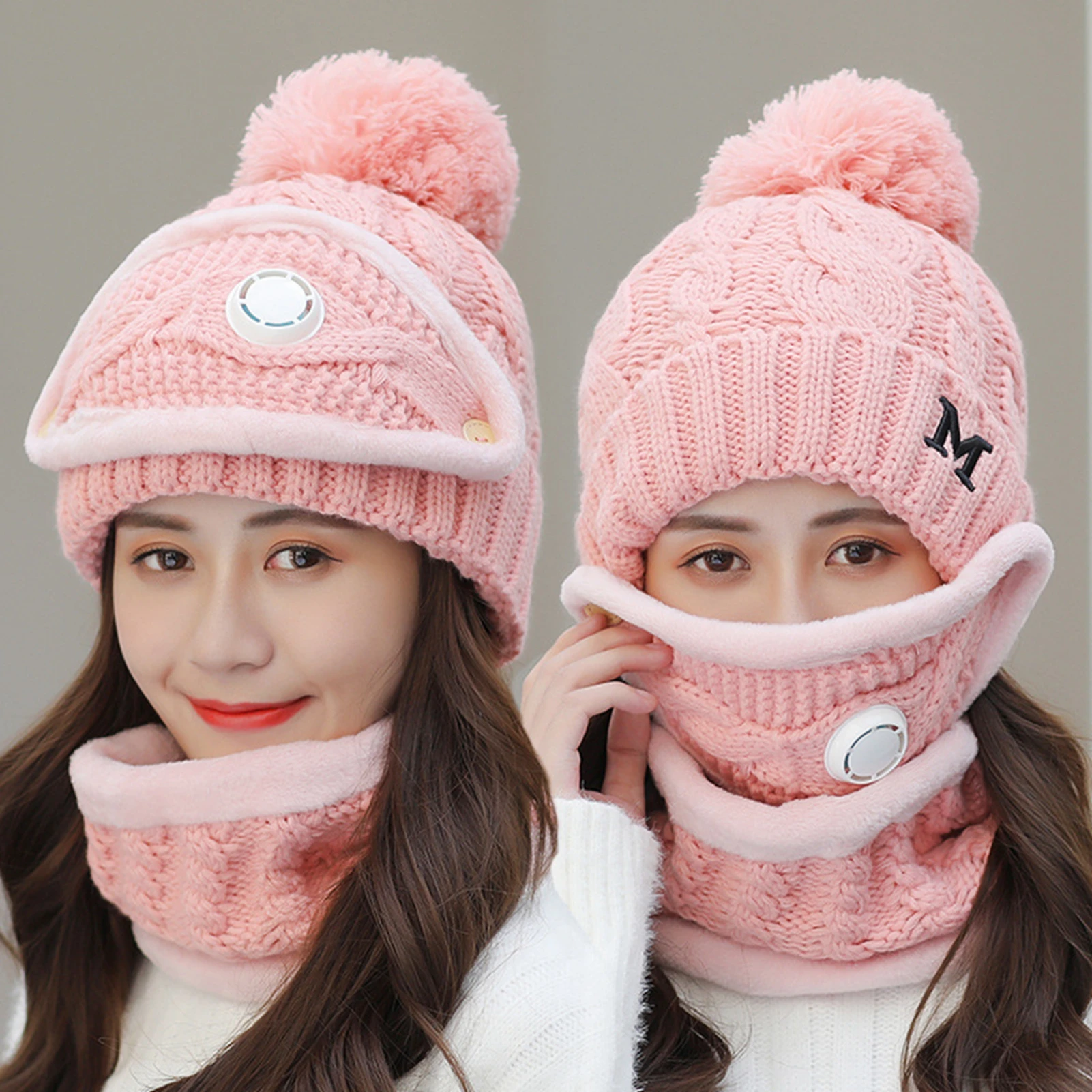 

3Pcs/Set Women Winter Knitted Hat Pompom Beanie Warm Scarf Anti Haze Face Cover