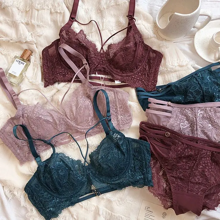 

Honviey Sexy lingerie set plus size with steel ring ultra thin hollow out luxury gathered spongeless women bra and panties set