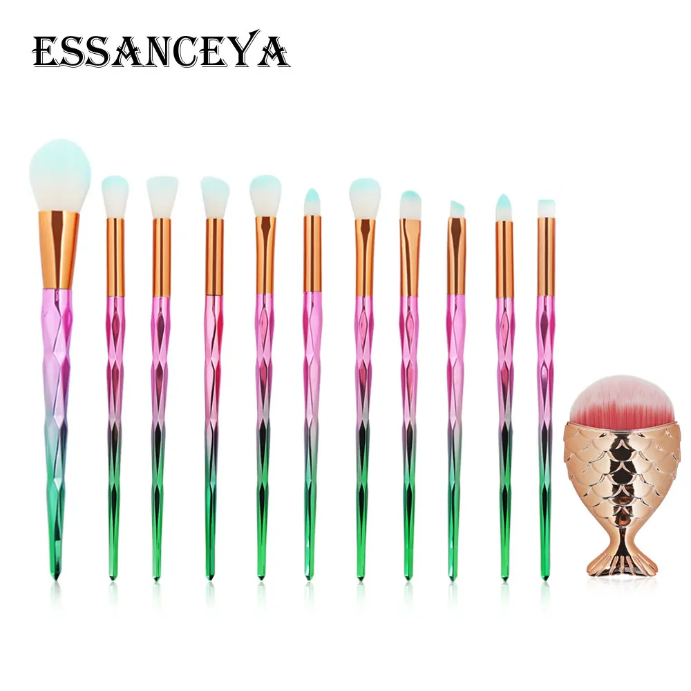 ESSANCEYA Горячая 11/21 шт. Русалка алмазные кисти для макияжа комплект рыбий хвост основа для макияжа лица Румяна Тени для век макияж кисть для смешивания кисти для макияжа - Handle Color: 12PCS