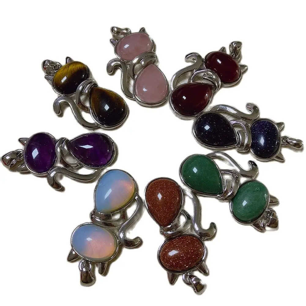 

1pc Natural Crystal Cat Pendant Rose Quartz Aventurine Tiger Eye Obsidian for Women Reiki Energy Healing Mineral Necklace