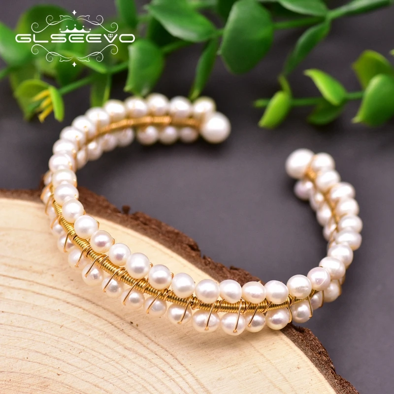 

GLSEEVO Fresh Water White Small Pearls Cuff Bangles For Girl Birthday Gifts Women's Minimalism Jewelry Handmade Brazalete GB0215