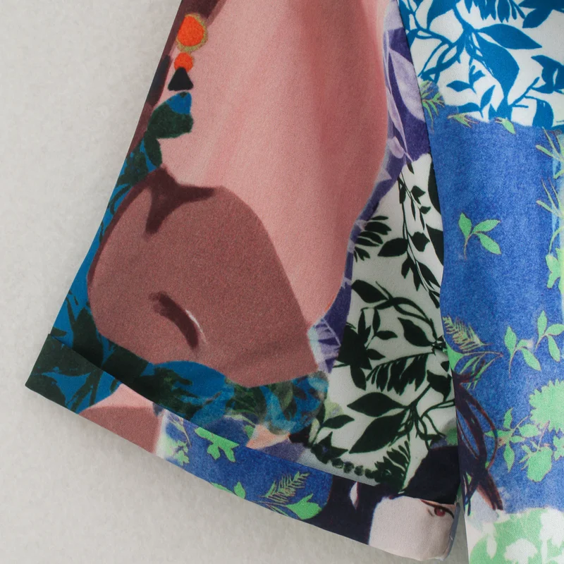 

Notched Single Breasted Short Sleeve Retro Women Shirt Vintage Canvas Printing Design Blouse Mujer De Moda 2021 Verano Elegant