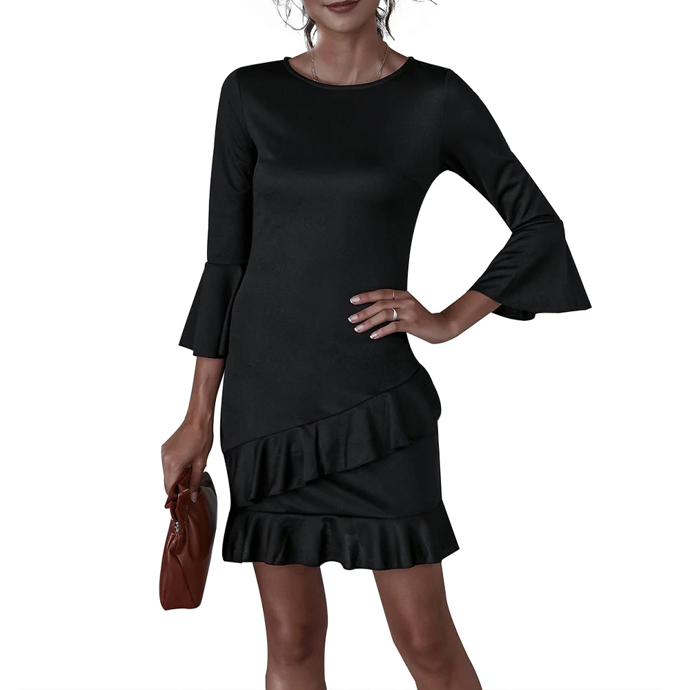 

VICABO Woman Dress Solid Slim Ruffle Dress Ladies Casual Robes Black Work Office Mini Dresses Dresses for Women Party