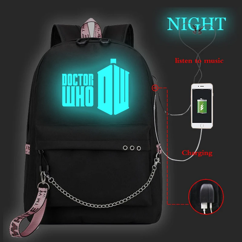 

Mochila Doctor Who Luminous Backpack Knapsack Women Backpacks Teenager Backpack Female Bag Travel Laptop USB Charging Bagpack