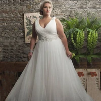 plus size wedding dress elegant v neck sleeveless beading applique tulle bridal gown custom made white pleats corset robe de