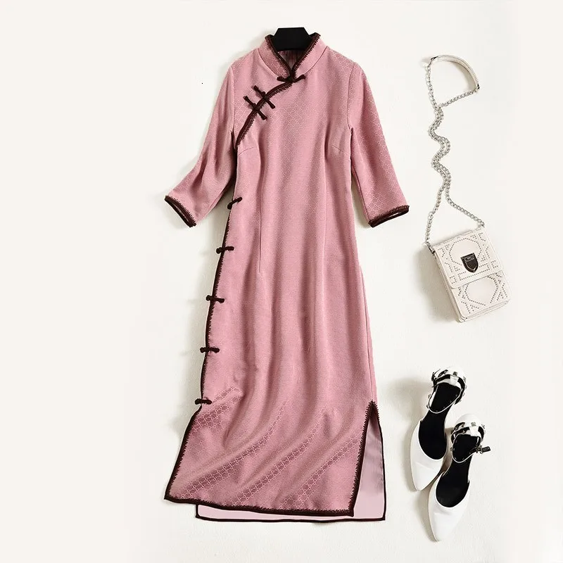 

Classic Cheongsam Chinese Style Retro Autumn Dress Female Slim Jacquard Red Dresses Ladies Elegant Tight Party Dress Designer