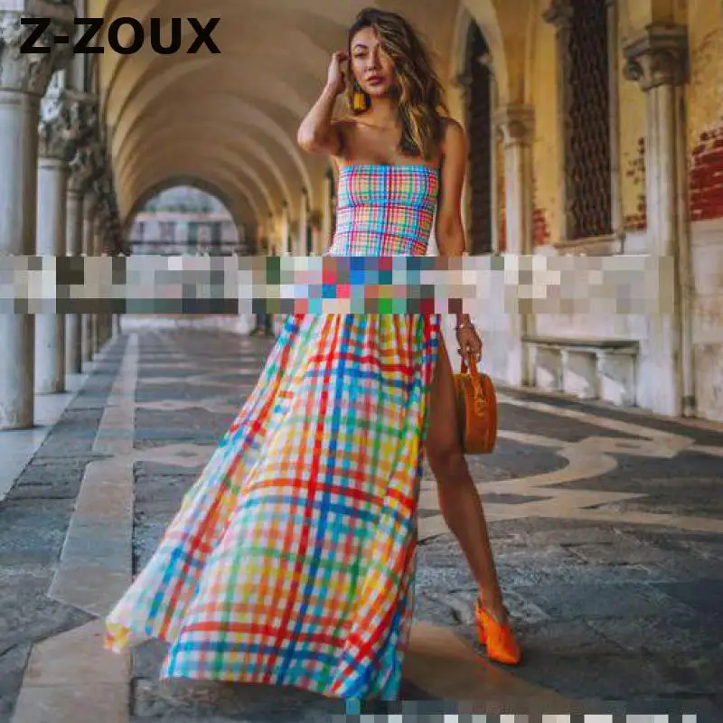 Z-ZOUX, женское платье, шифоновое, в клетку, с принтом, пэтчворк, без бретелек, с разрезом, длинное платье, высокая талия, сексуальные летние платья, новинка