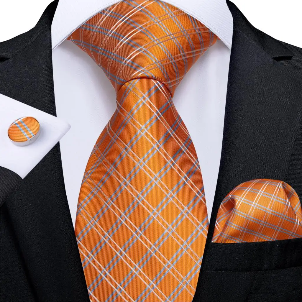 

Мужской галстук синий оранжевый клетчатый Шелковый Свадебный галстук для мужчин носовой платок Набор Запонок модная деловая Вечеринка диз...
