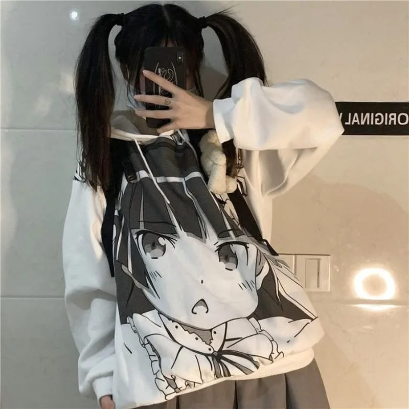 QWEEK Anime Sweatshirt with Print Spring 2021 Women Japanese Harajuku Manga Kawaii Cute Hoodies Streetwear Women White Tops