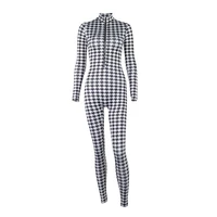 womens casual houndstooth print high waist black jumpsuit plaid front zipper daily outfits long sleeve rompers